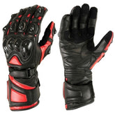 Leather and textile motorcycle gloves with carbon protectors and smartphone touch capability for fitness and boxing training.